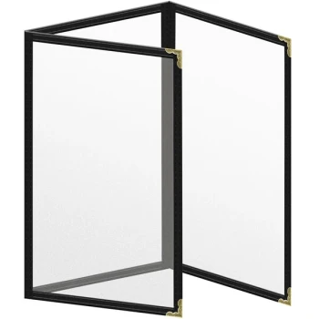 H. Risch, Inc. TET Deluxe Sewn 5 1/2" x 8 1/2" Black 6 View Foldout Vinyl Menu Cover With Gold Decorative Corners and Matte Finish