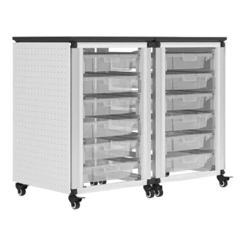 Luxor 36 1/2" x 36 1/2" x 28 3/4" Black / White Aluminum Mobile Double Side-by-Side Storage Cabinet with Whiteboard, Pegboard, and 12 Small Bins MBS-STR-21-12S