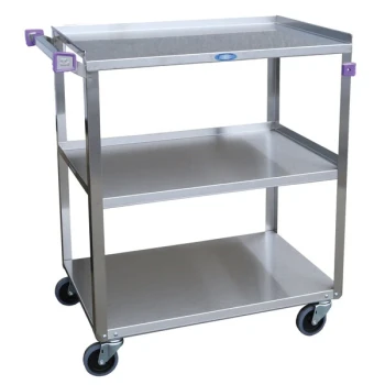 Lakeside 444A Medium-Duty Stainless Steel Three Shelf Utility Cart with Purple Handle and Leg Bumpers - 22 3/8" x 39 1/4" x 37 1/4"