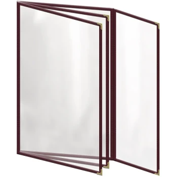 H. Risch, Inc. TETBQ Deluxe Sewn 8 1/2" x 14" Maroon 8 View Vinyl Menu Cover with Gold Decorative Corners and Gloss Finish