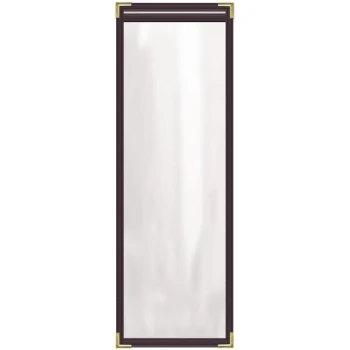 H. Risch, Inc. TES Deluxe Sewn 4 1/4" x 14" Brown 2 View Vinyl Menu Cover with Gold Smooth Corners and Gloss Finish