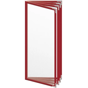 H. Risch, Inc. TEDD Deluxe Sewn 4 1/4" x 11" Red 8 View Menu Cover with Silver Smooth Corners and Matte Finish