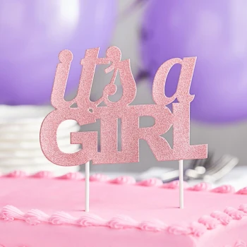 Creative Converting 335054 Pink Glitter "It's a Girl" Cake Topper - 12/Case