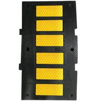 Plasticade® Premium 20" x 35" x 2" Recycled Textured Black Rubber Speed Hump with 6 Yellow Reflective Stripes PAH-SP-22M