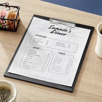 Choice 9" x 12 1/2" Customizable Black Wood Color Menu Holder / Presenter with Clip