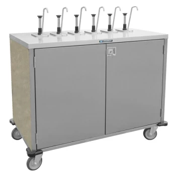 Lakeside 70211BS Stainless Steel E-Z Serve 6-Pump Condiment Dispensing Cart with Beige Suede Finish for 3 Gallon Condiment Pouches - 27 1/2" x 50 1/4" x 48 1/2"