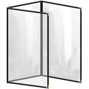 H. Risch, Inc. TET Deluxe Sewn 8 1/2" x 14" Black 6 View Foldout Vinyl Menu Cover With Gold Smooth Corners and Gloss Finish
