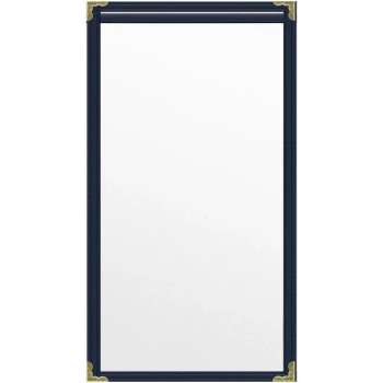 H. Risch, Inc. TES Deluxe Sewn 5 1/2" x 11" Blue 2 View Vinyl Menu Cover with Gold Decorative Corners and Matte Finish