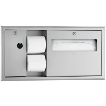 Bobrick B-3091 ClassicSeries Horizontal Recessed Toilet Seat-Cover and Toilet Tissue Dispenser with Sanitary Napkin Disposal - Left