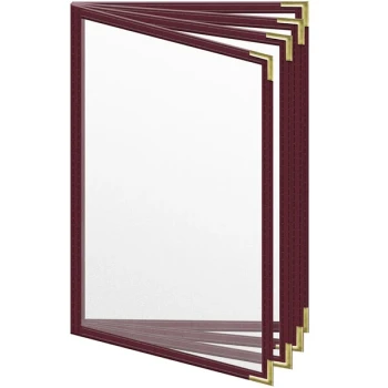H. Risch, Inc. TEDD Deluxe Sewn 5 1/2" x 8 1/2" Maroon 8 View Menu Cover with Gold Smooth Corners and Matte Finish