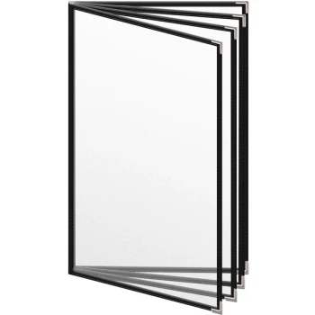 H. Risch, Inc. TEDD Deluxe Sewn 8 1/2" x 14" Black 8 View Menu Cover with Silver Smooth Corners and Matte Finish