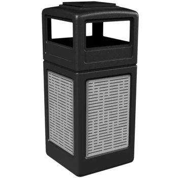 Commercial Zone 733006199 42 Gallon Black Square Trash Can with Stainless Steel Horizontal Line Panels and Ashtray Lid