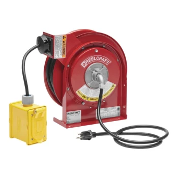 Reelcraft L 4545 123 7 12/3 45' Premium-Duty Power Cord Reel with GFCI Duplex Outlet Box