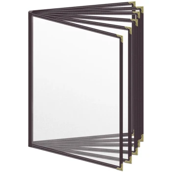 H. Risch, Inc. TE-12V Deluxe Sewn 8 1/2" x 11" Brown 12 View Vinyl Menu Cover with Gold Decorative Corners and Matte Finish
