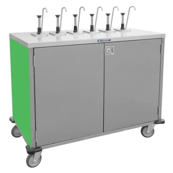 Lakeside 70211G Stainless Steel E-Z Serve 6-Pump Condiment Dispensing Cart with Green Finish for 3 Gallon Condiment Pouches - 27 1/2" x 50 1/4" x 48 1/2"