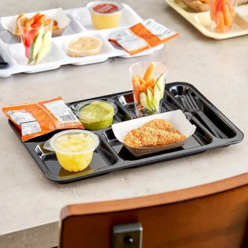 Choice 10" x 14" Right Handed Heavy-Duty Melamine NSF Black 6 Compartment Tray - 12/Pack