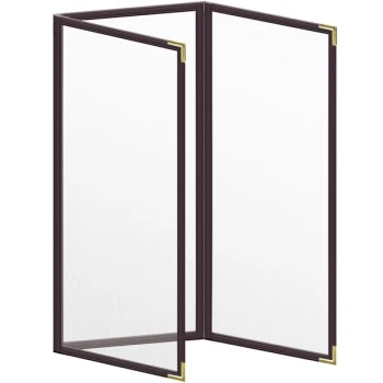 H. Risch, Inc. TET Deluxe Sewn 4 1/4" x 11" Brown 6 View Foldout Vinyl Menu Cover With Gold Smooth Corners and Matte Finish
