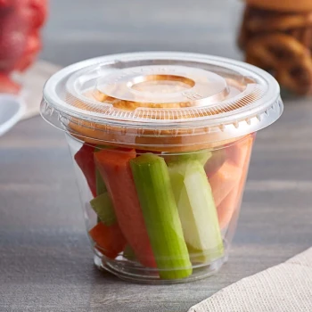 Choice 9 oz. Clear Plastic Squat Cold Cup with 2 oz. Insert and PET Flat Lid with No Hole - 100/Case
