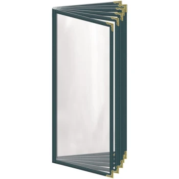 H. Risch, Inc. TE-12V Deluxe Sewn 4 1/4" x 11" Green 12 View Vinyl Menu Cover with Gold Decorative Corners and Gloss Finish