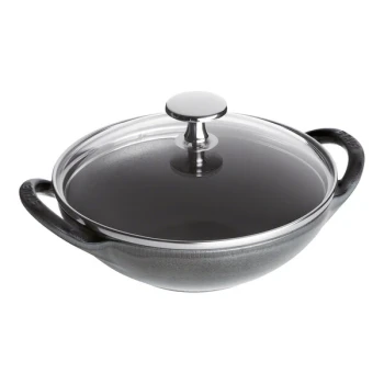 Staub 6 3/8" Graphite Gray Mini Enameled Cast Iron Cantonese Wok with Glass Lid 1004677