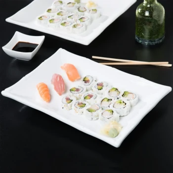 CAC BAP-14 Bamboo Pattern 13 3/4" x 9 1/4" Bright White Rectangular Porcelain Platter - 12/Case