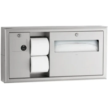 Bobrick B-30919 ClassicSeries Horizontal Surface Mounted Toilet Seat-Cover and Toilet Tissue Dispenser with Sanitary Napkin Disposal - Left