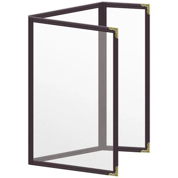 H. Risch, Inc. TEDQ Deluxe Sewn 5 1/2" x 8 1/2" Brown 6 View Menu Cover with Gold Decorative Corners and Matte Finish