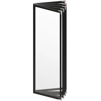 H. Risch, Inc. TE-10V Deluxe Sewn 4 1/4" x 14" Black 10 View Vinyl Menu Cover with Silver Decorative Corners and Matte Finish