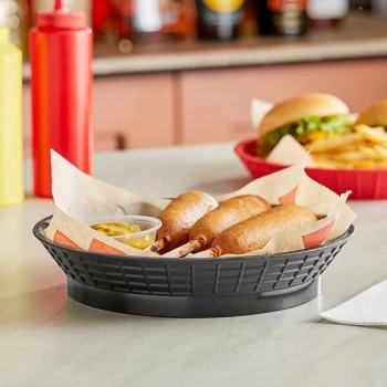 TableCraft 15759BK 9" Black Plastic Diner Platter / Fast Food Basket with Base - 12/Pack