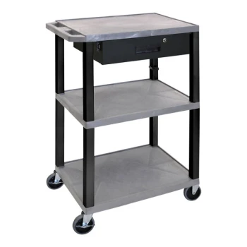 Luxor Tuffy 24" x 18" x 42 1/2" Gray / Black Plastic 3-Shelf Powered Utility Cart with Heavy-Duty Casters, Locking Drawer, Electrical Assembly, and Cord Storage UCPL1GYE-B-WTD
