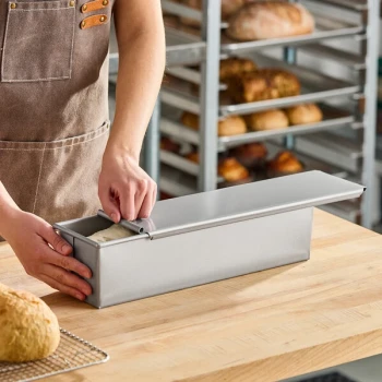 Baker's Lane 2 lb. Glazed Aluminized Steel Pullman Bread Loaf Pan with Sliding Cover - 16 inch x 4 inch x 4 inch