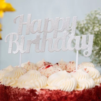 Creative Converting 324541 Silver Glitter "Happy Birthday" Cake Topper - 12/Case