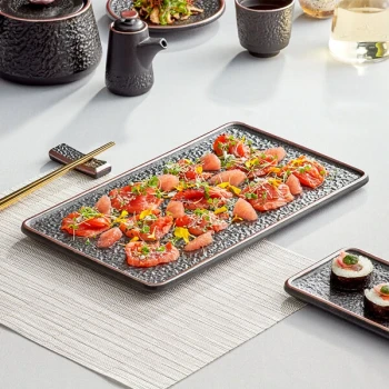 Acopa Heika 13 3/4" x 8" Black Matte Textured Rectangular Flat Stoneware Plate - 12/Case