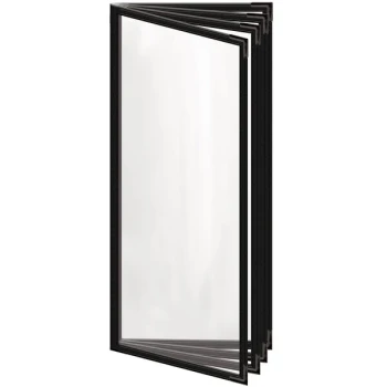 H. Risch, Inc. TEDD Deluxe Sewn 4 1/4" x 11" Black 8 View Menu Cover with Black Smooth Corners and Gloss Finish