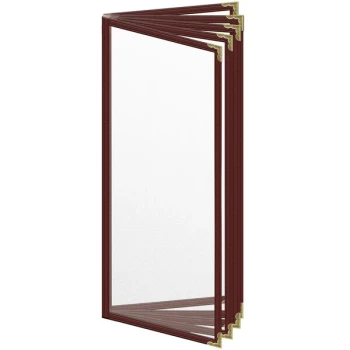 H. Risch, Inc. TE-10V Deluxe Sewn 4 1/4" x 11" Maroon 10 View Vinyl Menu Cover with Gold Decorative Corners and Matte Finish