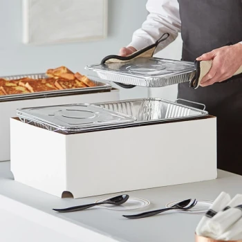 Choice 13 Piece Full Size Disposable Serving / Chafer Dish Kit with a Wire Stand, Deep Pan, (2) 1/2 Size Shallow Pans, (2) 1/2 Size Lids, Wind Guard, (2) 4 Hour Wick Fuels, and (4) Utensils