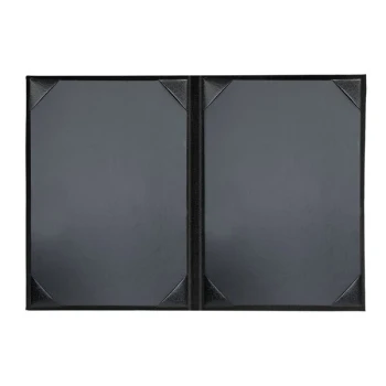 H. Risch, Inc. 5 1/2" x 8 1/2" Black Tuxedo Leather Customizable 2 View Menu Cover with Picture Corners