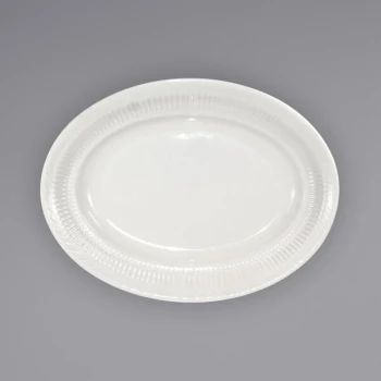 International Tableware Athena 11 7/8" x 9 1/4" Ivory (American White) Wide Rim Rolled Edge Embossed Stoneware Platter - 12/Case