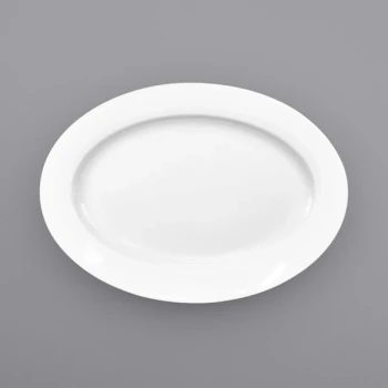 International Tableware Bristol 7 1/4" x 5 1/4" Oval Bright White Wide Rim Porcelain Platter - 36/Case