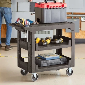 Lavex Medium Black 3-Shelf Utility Cart with Flat Top and Built-In Tool Compartment - 38" x 18 3/4" x 32 1/4"