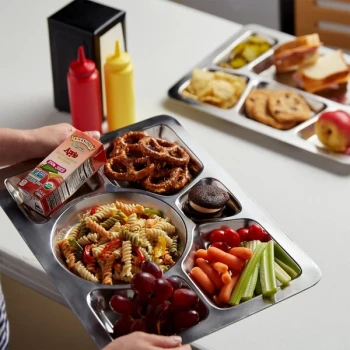 Choice 15 1/2" x 11 1/2" Ambidextrous Stainless Steel Rectangular 6 Compartment Tray with Circle Center - 12/Pack