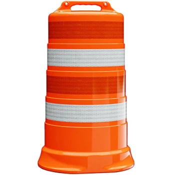 Plasticade® Commander 23 1/2" x 39" Orange Low-Density Polyethylene Traffic Drum with (4) 4" Prismatic-Grade Sheeting Strips 456-LD-T-40