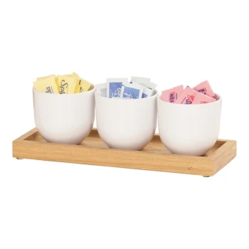 Cal-Mil Sydney 12 3/4" x 5" x 4 1/2" Oak Condiment Organizer with 3 White Round Melamine Jars