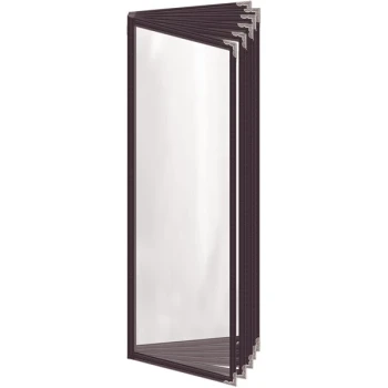 H. Risch, Inc. TE-12V Deluxe Sewn 4 1/4" x 14" Brown 12 View Vinyl Menu Cover with Silver Decorative Corners and Gloss Finish