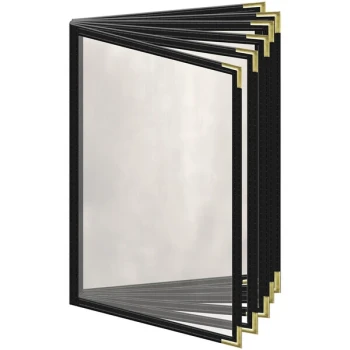 H. Risch, Inc. TE-12V Deluxe Sewn 5 1/2" x 8 1/2" Black 12 View Vinyl Menu Cover with Gold Smooth Corners and Gloss Finish