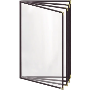 H. Risch, Inc. TEDD Deluxe Sewn 8 1/2" x 14" Brown 8 View Menu Cover with Gold Smooth Corners and Gloss Finish