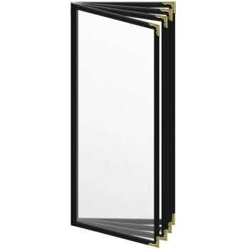 H. Risch, Inc. TEDD Deluxe Sewn 4 1/4" x 11" Black 8 View Menu Cover with Gold Decorative Corners and Matte Finish
