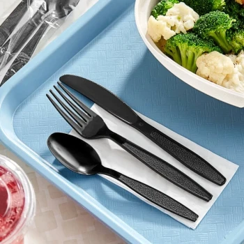Choice Black Extra Heavy Weight Wrapped Polystyrene Plastic Cutlery Pack with Napkin - 500/Case