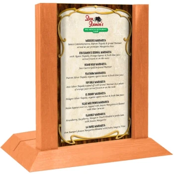 Menu Solutions WDAFR-B Mandarin Wood Menu Holder / Tent with 5" x 7" Insert Slot