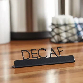 American Metalcraft SBD5 5" x 3/4" x 1 1/2" Black Laser-Cut Tabletop Sign with "Decaf" Print